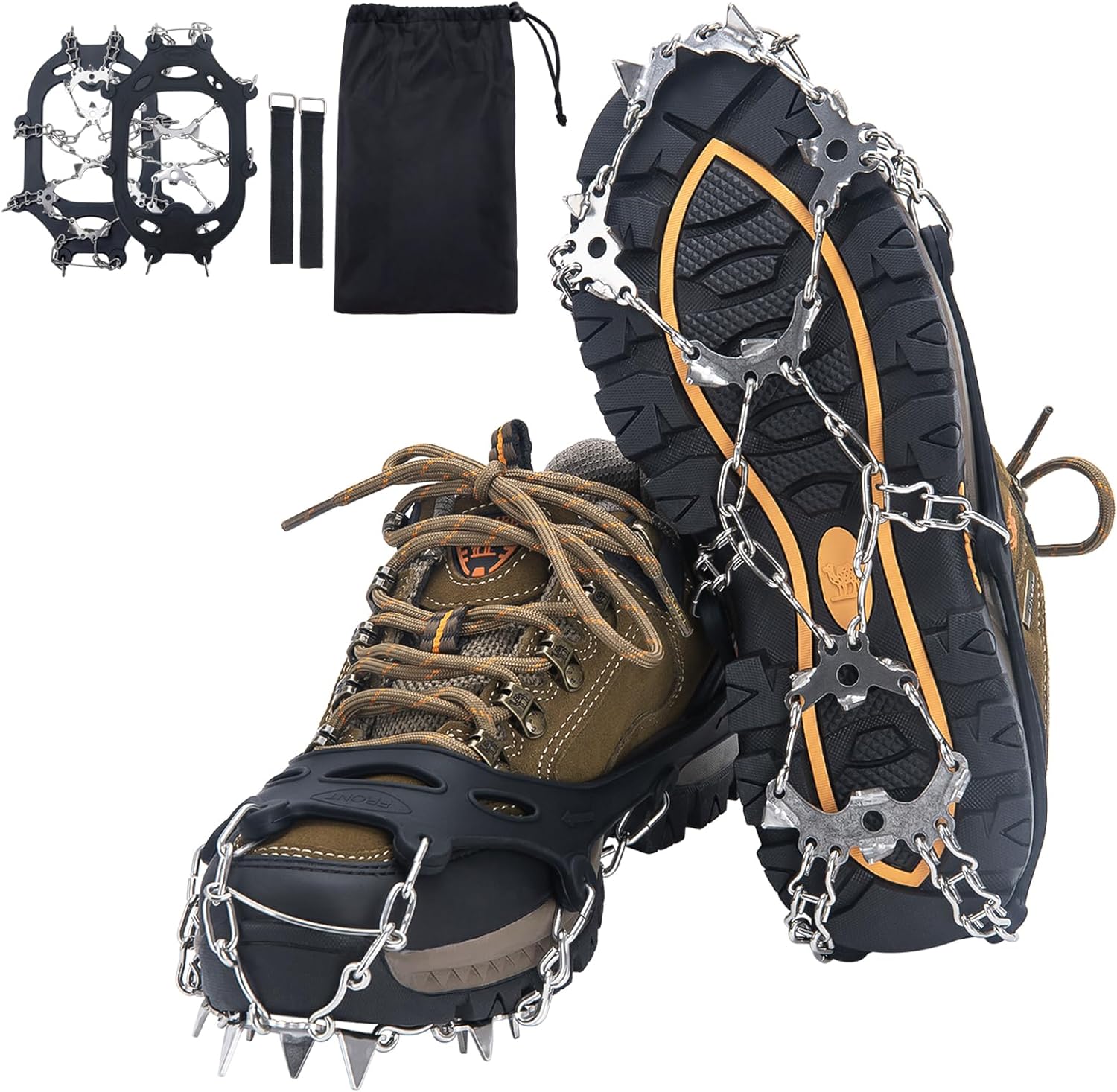 Crampons for Hiking Boots, Shoes, Anti Slip 19 Stainless Steel Crampons Ice Cleats Traction Snow Grips Safe Protect for Women Men Kids Walking Climbing