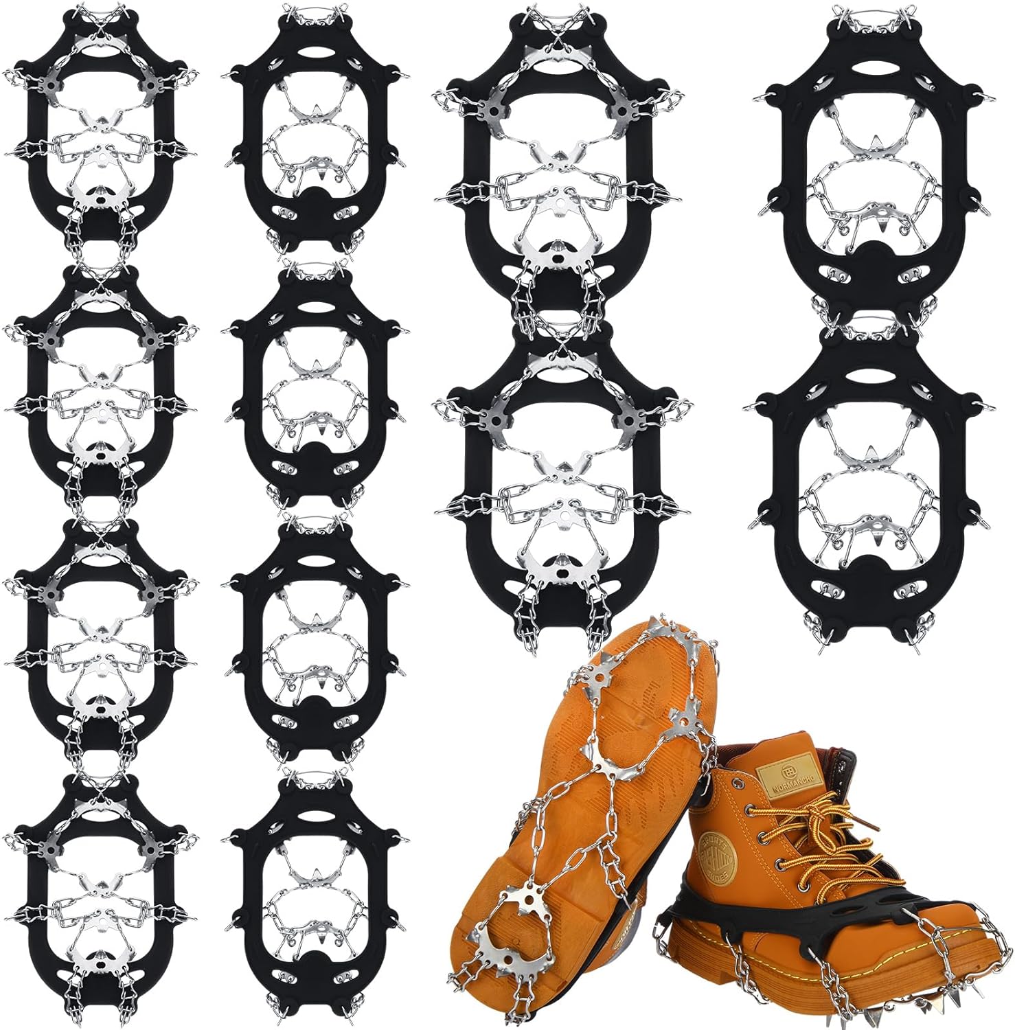 6 Pairs 19 Stainless Steel Spikes Ice Cleats Traction Snow Grips Anti Slip Crampons Ice Cleats for Walking Jogging Climbing Hiking Mountaineering, L