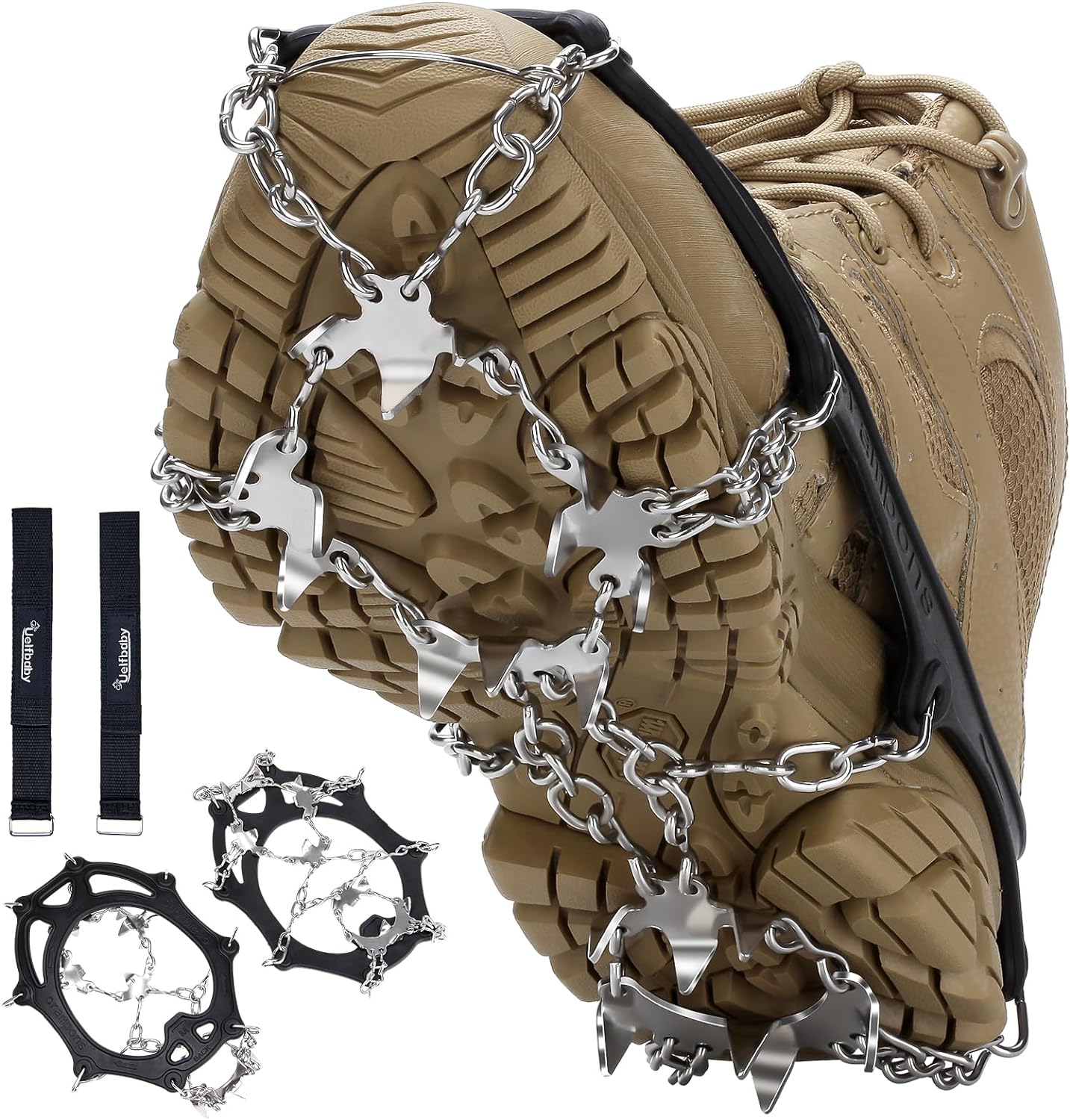 Crampons Upgraded 19 Spikes Ice Snow Grips Traction Cleats System Safe Protect for Walking, Jogging, or Hiking on Snow and Ice (Fit S/M/L/XL/XXL Shoes/Boots)