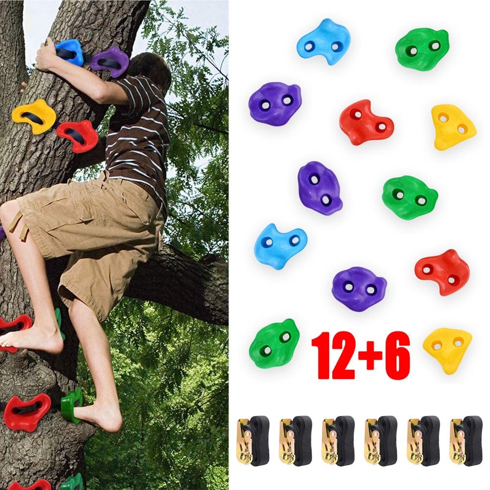 BRIZI LIVING 12 Pcs Tree Climbing Holds, Rock Climbing Holds for Kids, with 6 Ratchet Straps, Indoor and Outdoor Warrior Obstacle Course Training